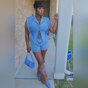 Denim One-Piece Vest & Short Romper in Light Blue